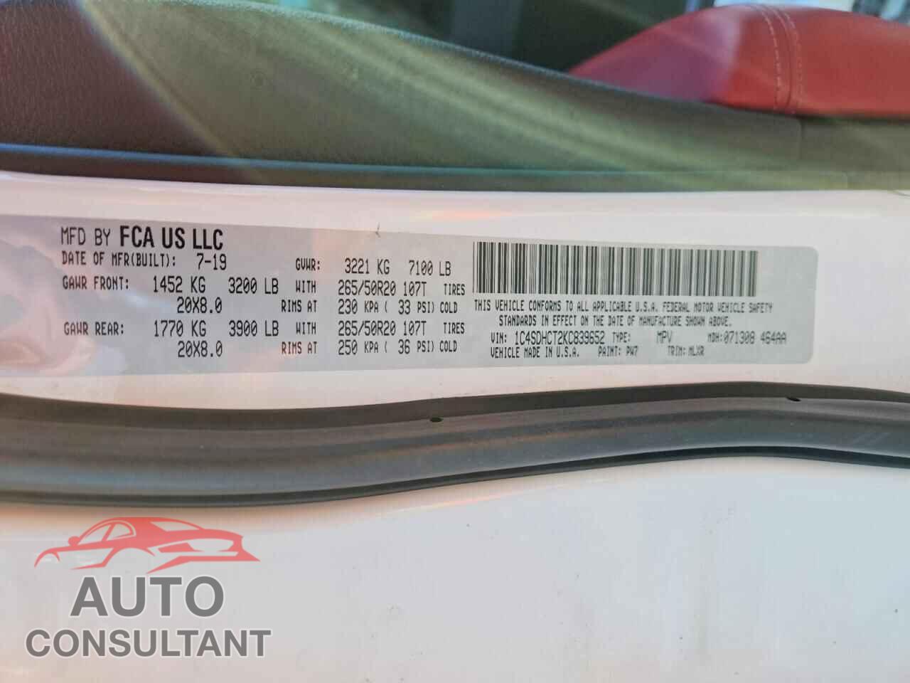 DODGE DURANGO 2019 - 1C4SDHCT2KC839652