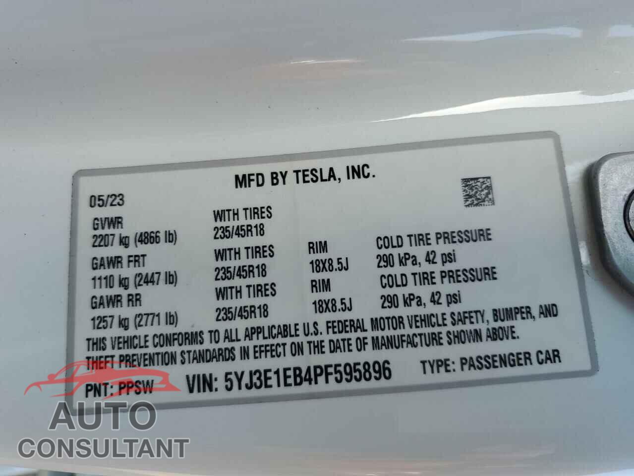 TESLA MODEL 3 2023 - 5YJ3E1EB4PF595896