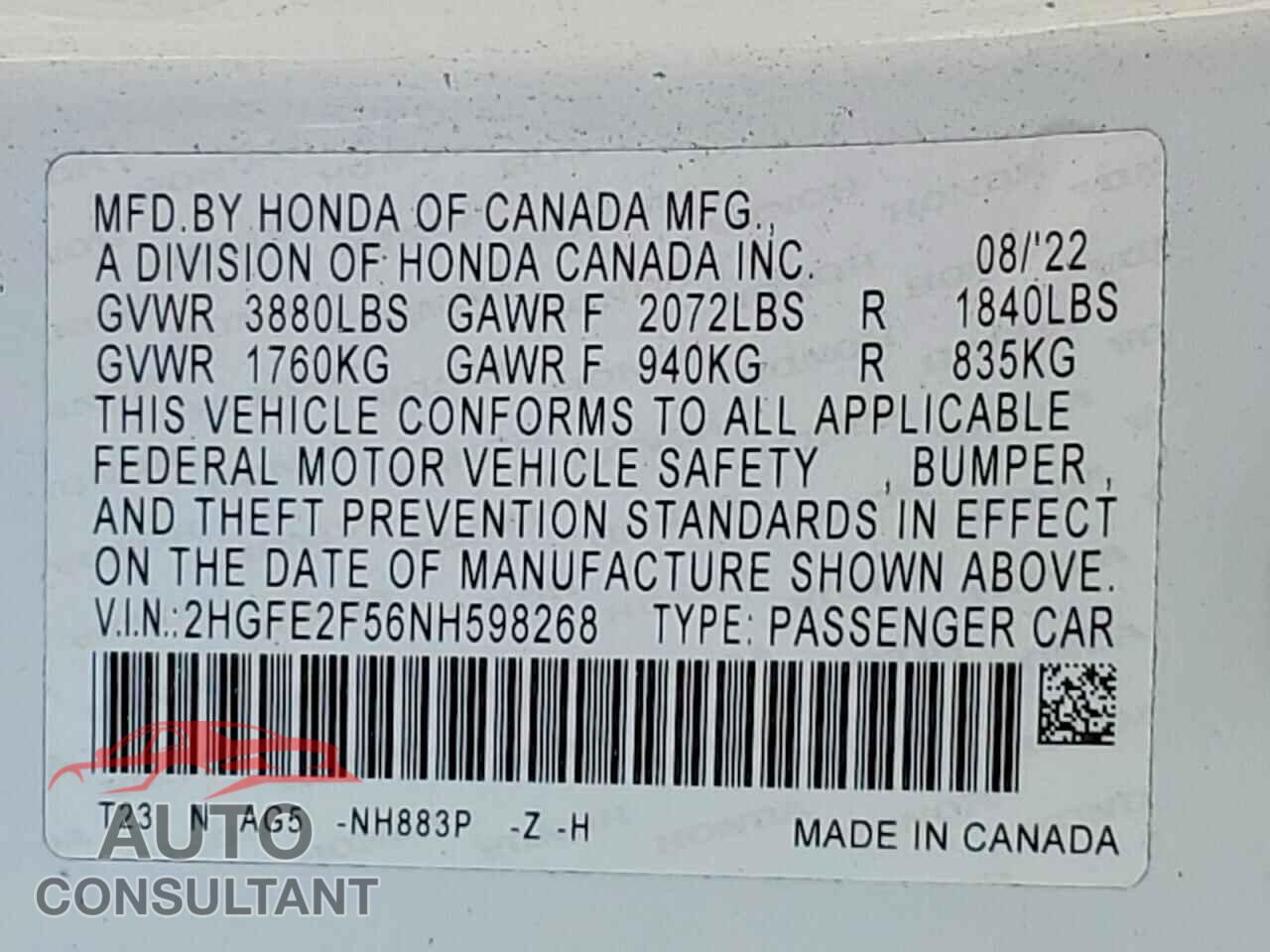 HONDA CIVIC 2022 - 2HGFE2F56NH598268