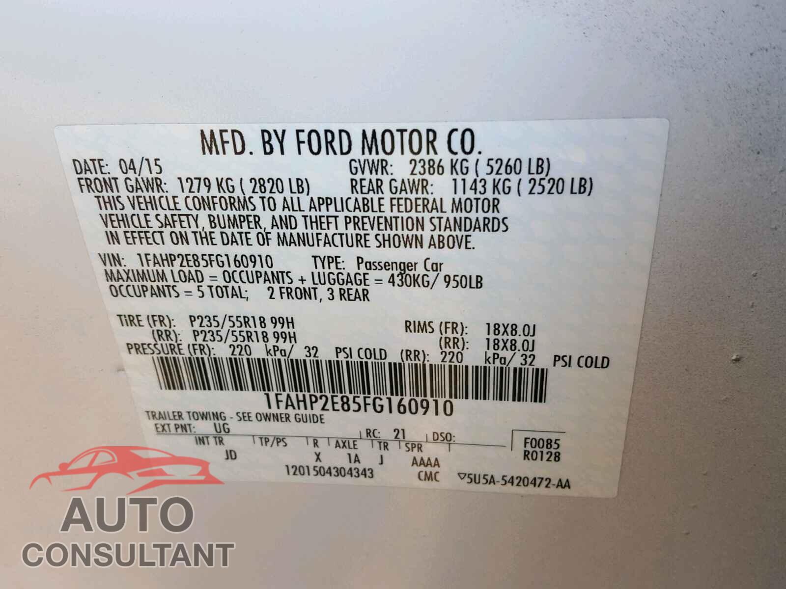 FORD TAURUS 2015 - 1FAHP2E85FG160910