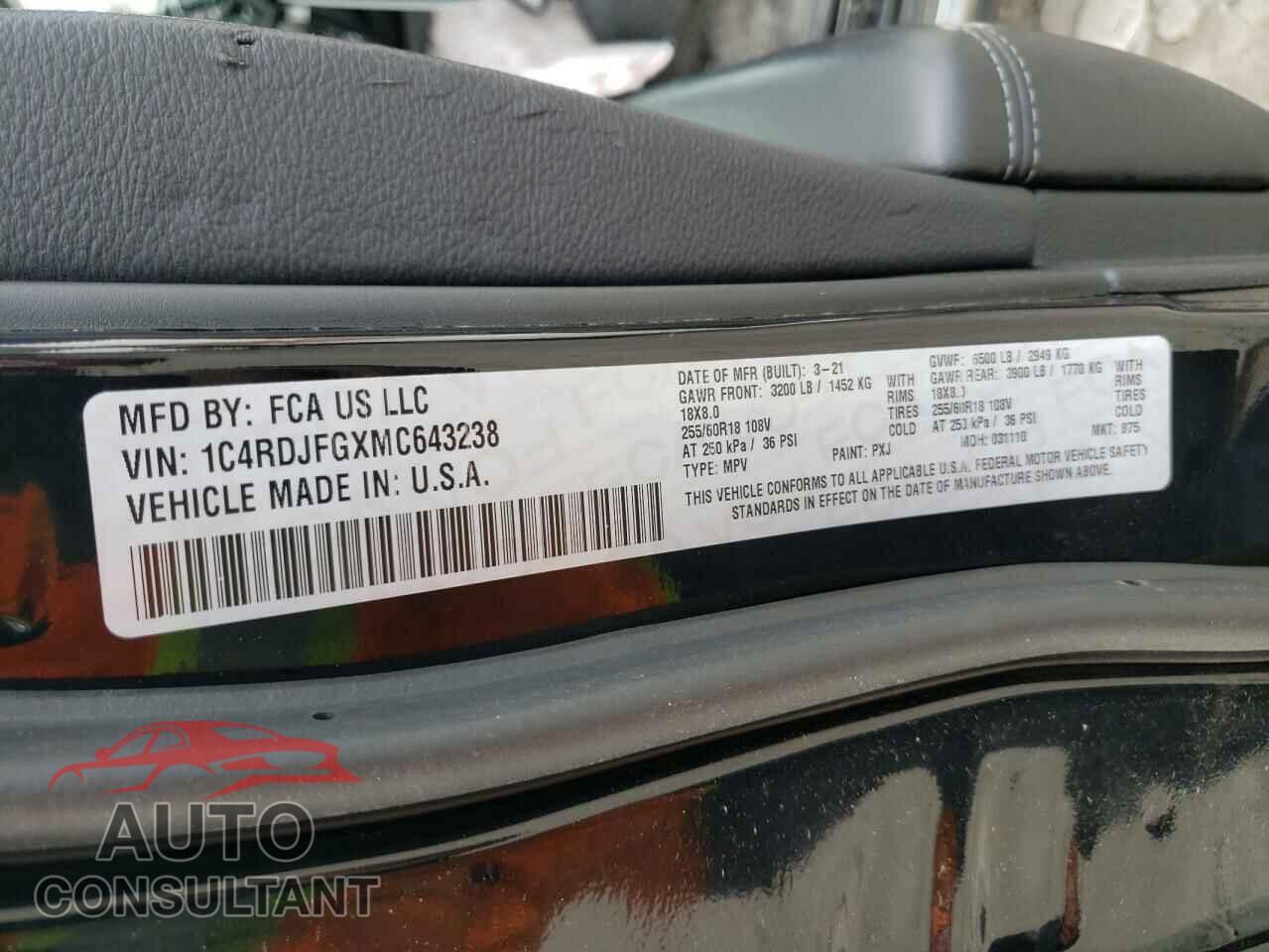 DODGE DURANGO 2021 - 1C4RDJFGXMC643238