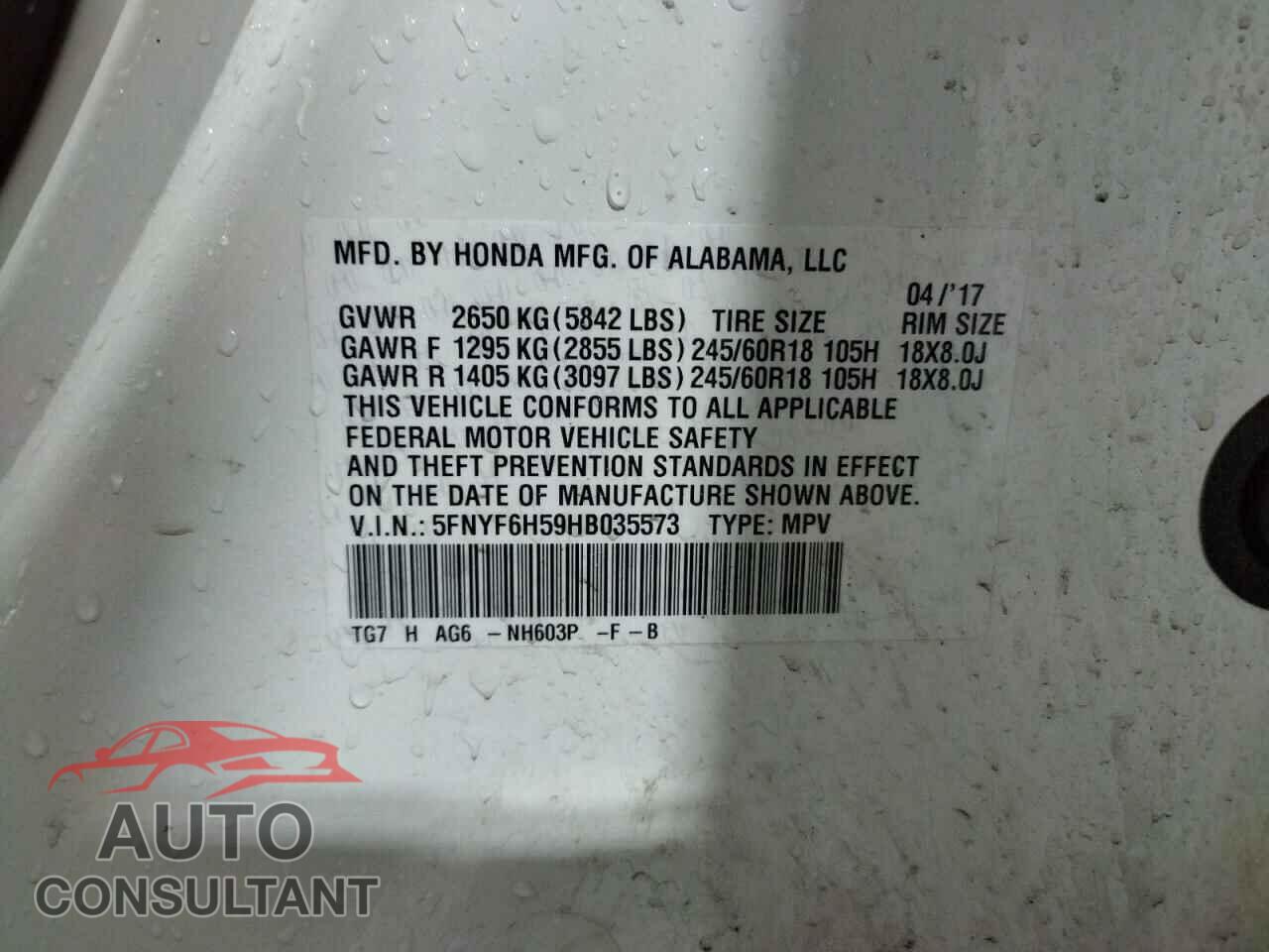 HONDA PILOT 2017 - 5FNYF6H59HB035573