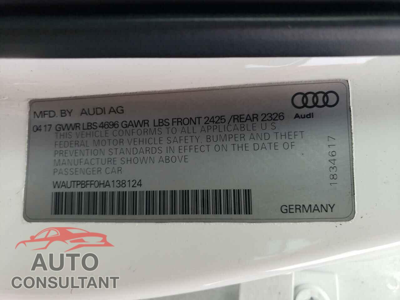 AUDI A3 2017 - WAUTPBFF0HA138124