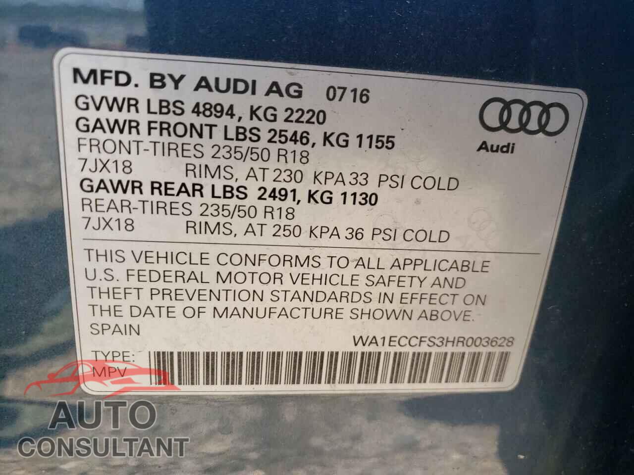 AUDI Q3 2017 - WA1ECCFS3HR003628