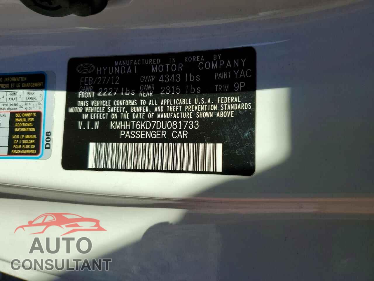 HYUNDAI GENESIS 2013 - KMHHT6KD7DU081733
