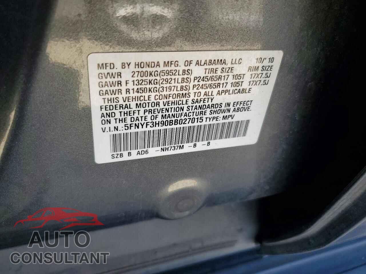 HONDA PILOT 2011 - 5FNYF3H90BB027015