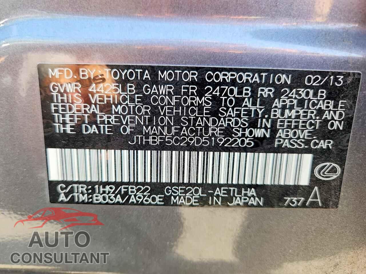 LEXUS IS 2013 - JTHBF5C29D5192205