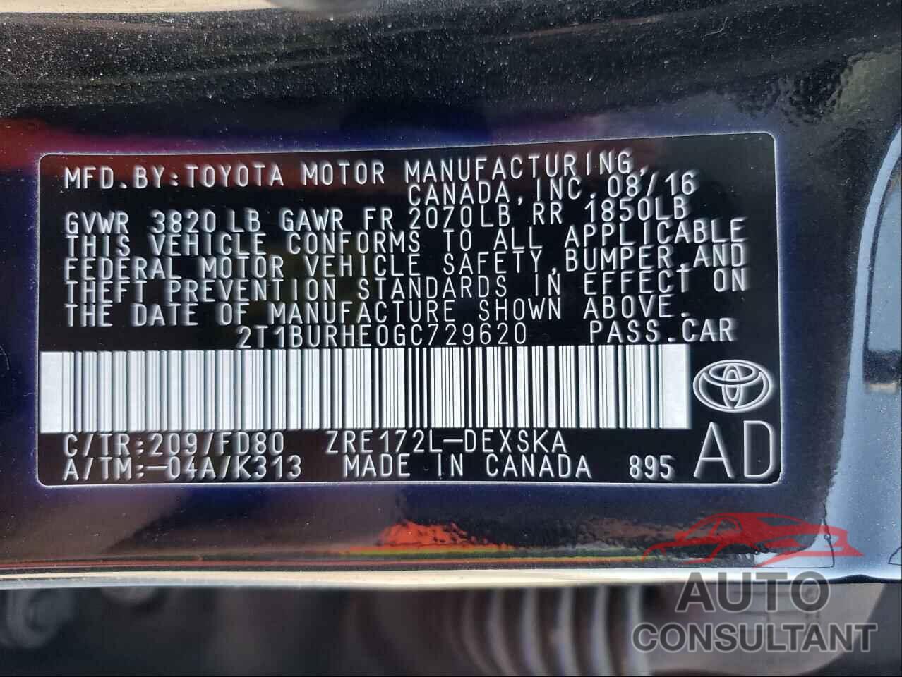 TOYOTA ALL OTHER 2016 - 2T1BURHE0GC729620