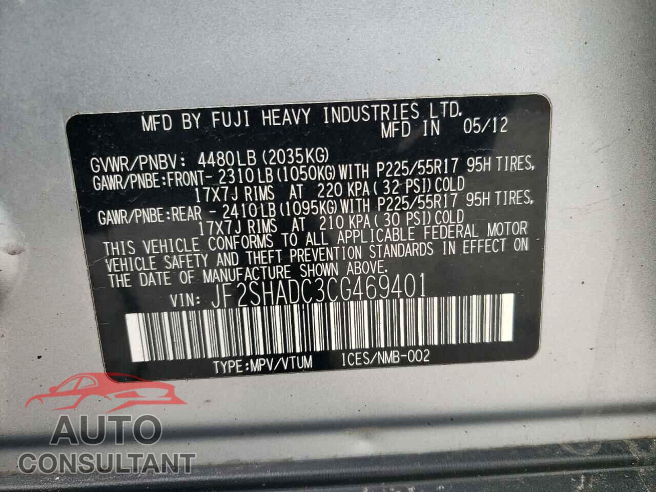SUBARU FORESTER 2012 - JF2SHADC3CG469401