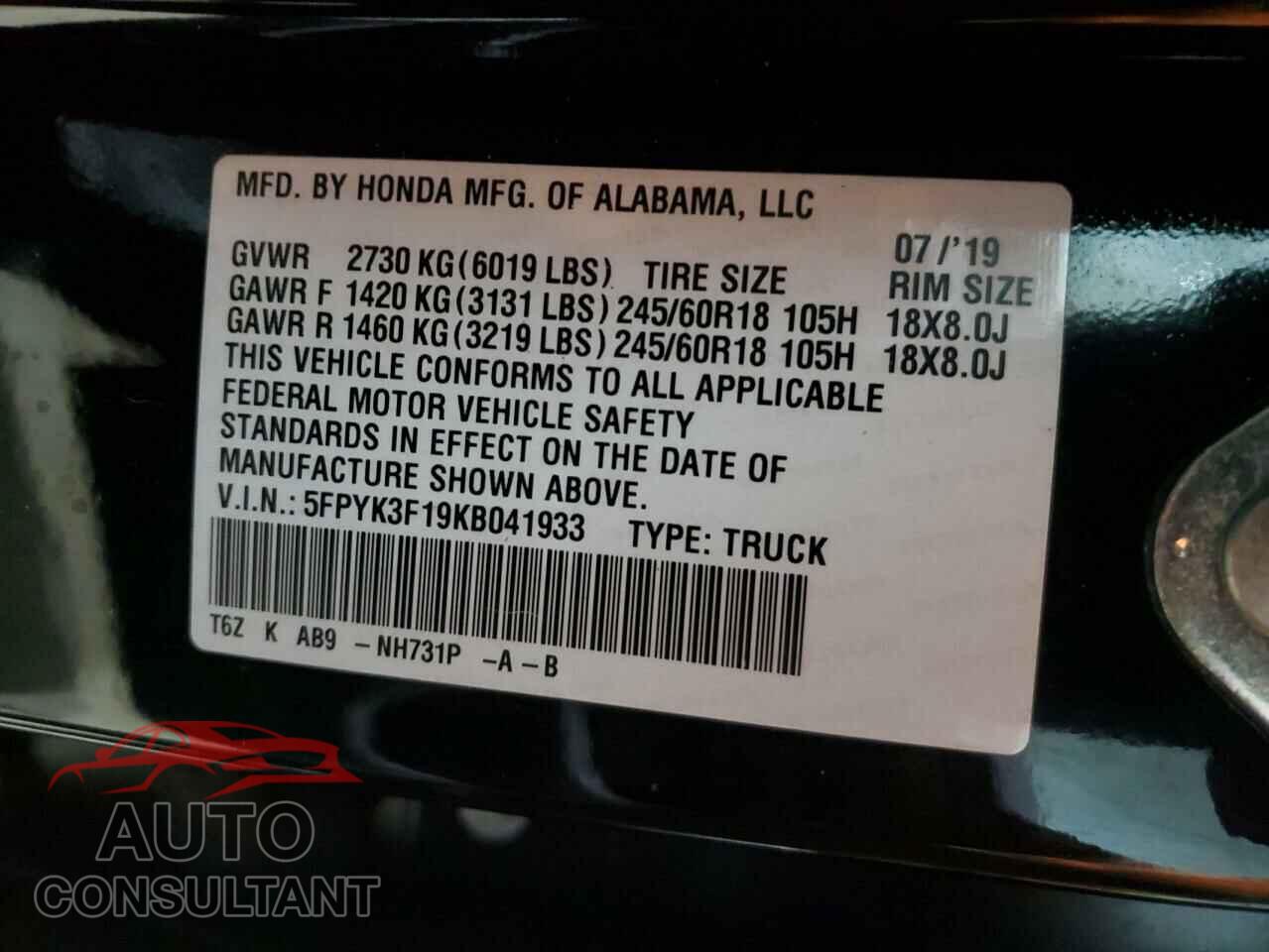 HONDA RIDGELINE 2019 - 5FPYK3F19KB041933