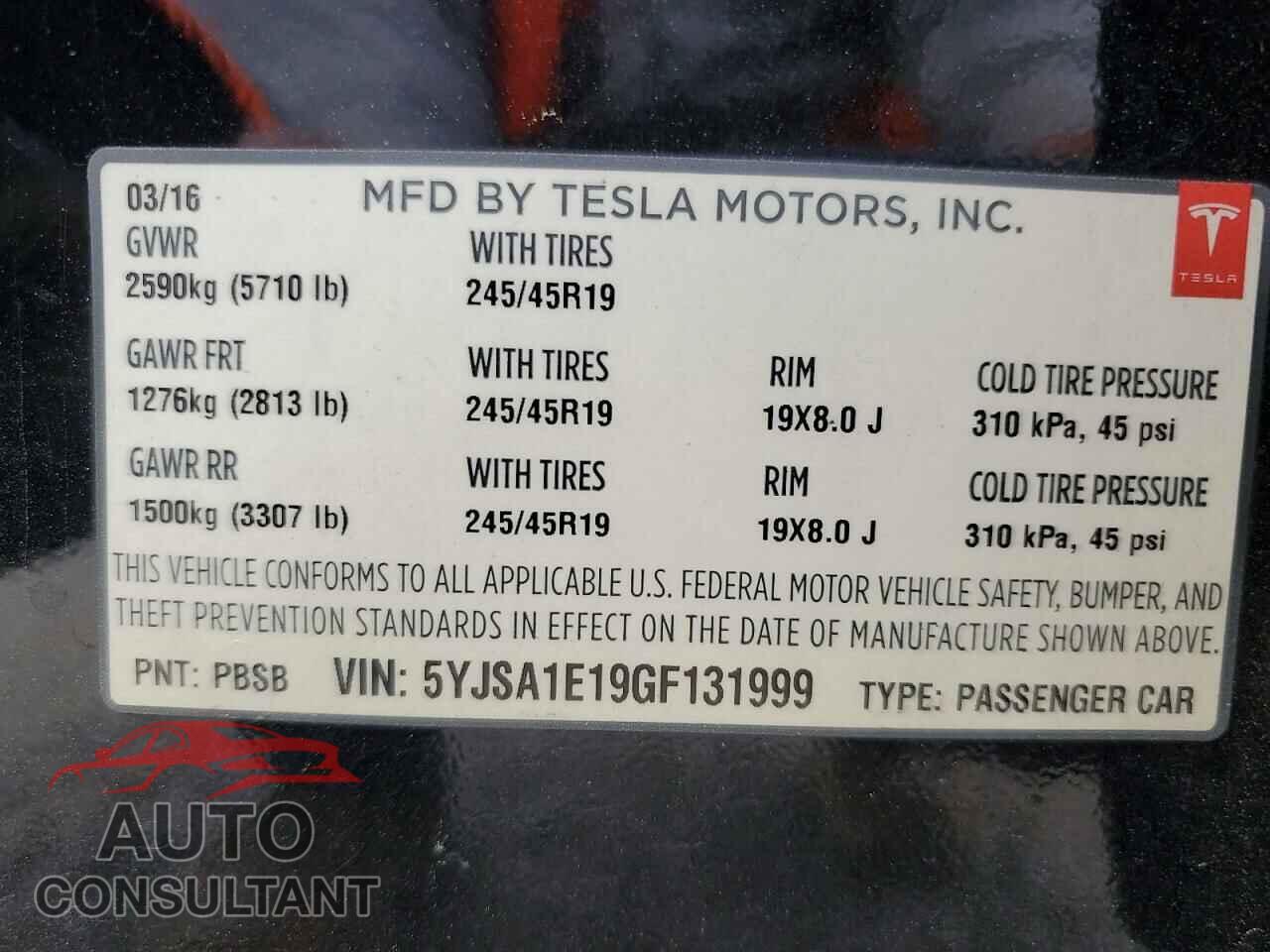 TESLA MODEL S 2016 - 5YJSA1E19GF131999