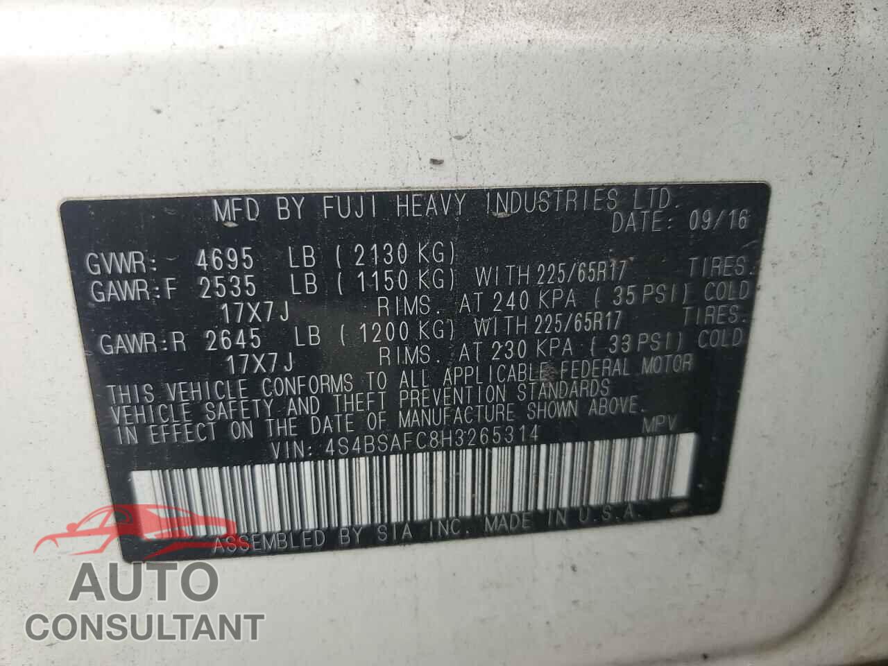 SUBARU OUTBACK 2017 - 4S4BSAFC8H3265314