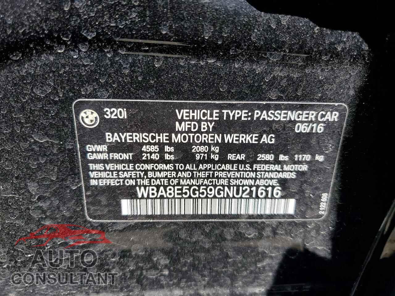 BMW 3 SERIES 2016 - WBA8E5G59GNU21616