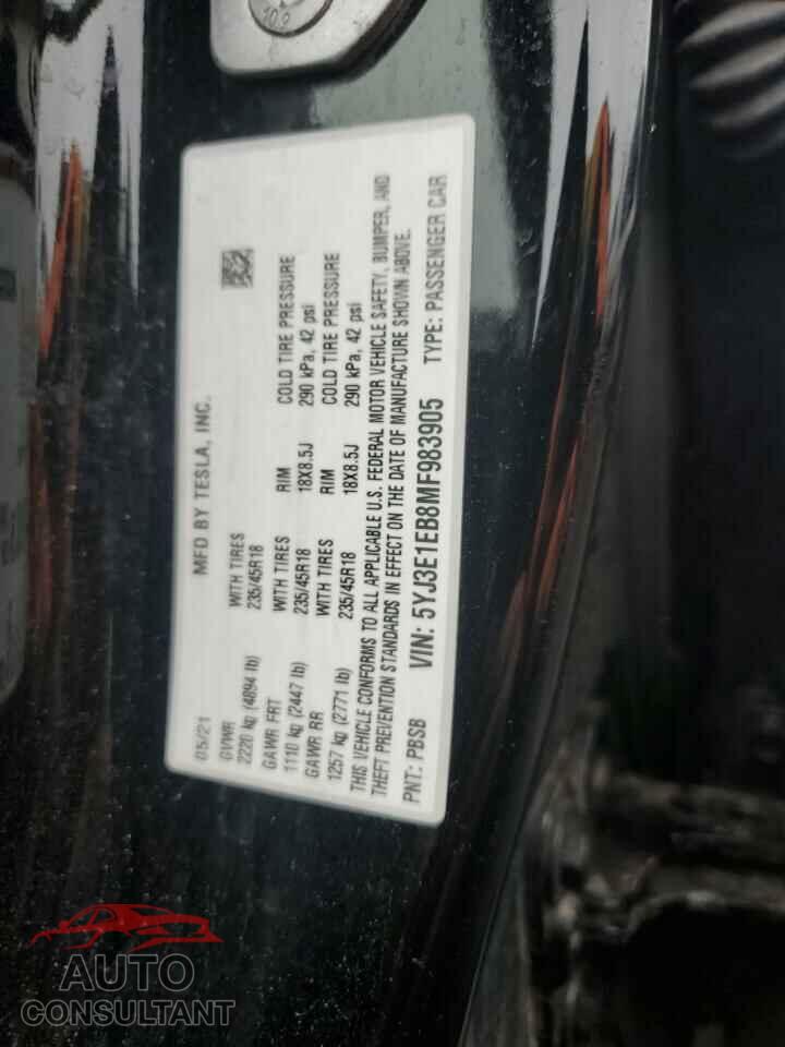 TESLA MODEL 3 2021 - 5YJ3E1EB8MF983905