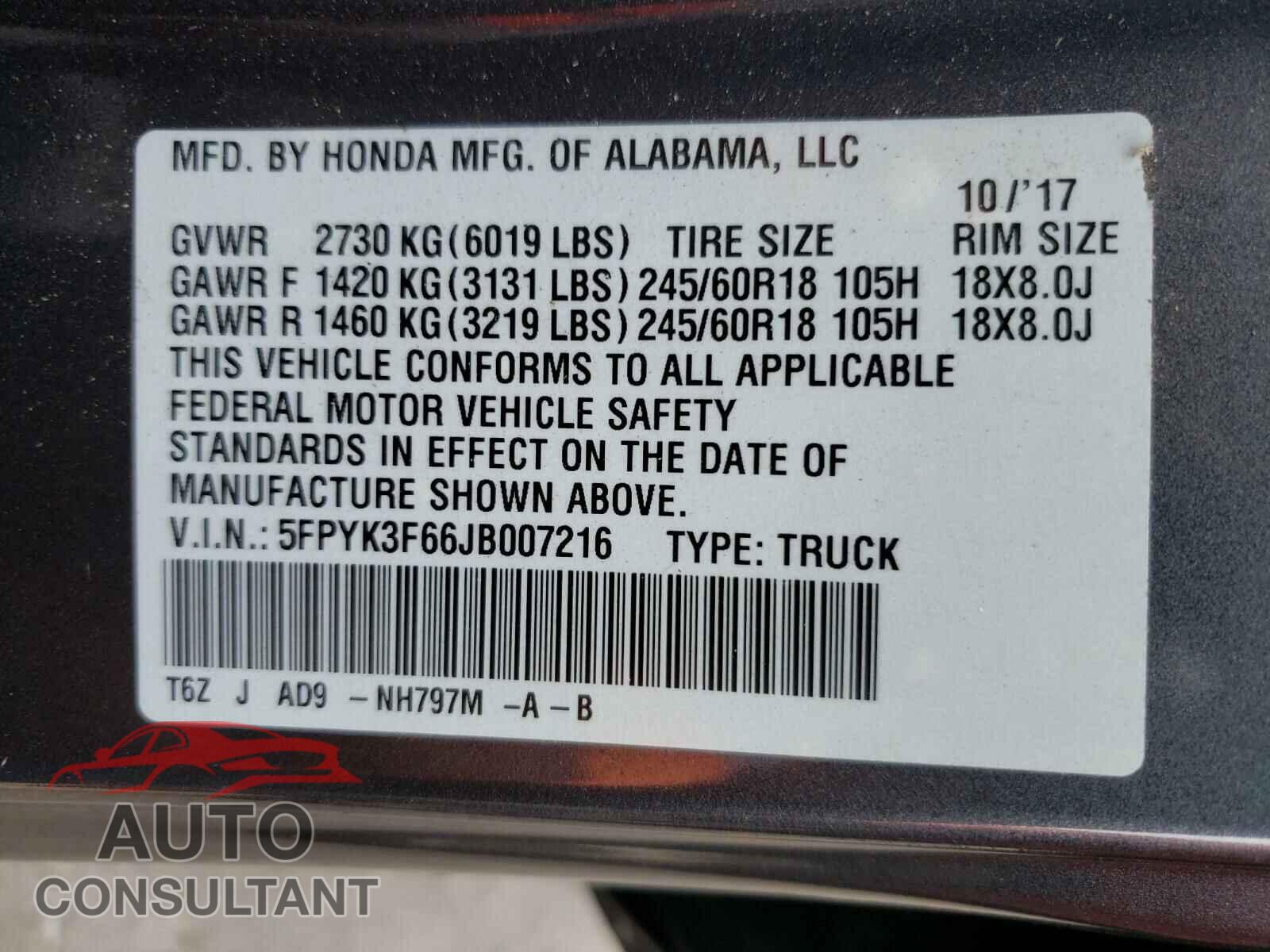 HONDA RIDGELINE 2018 - 5FPYK3F66JB007216