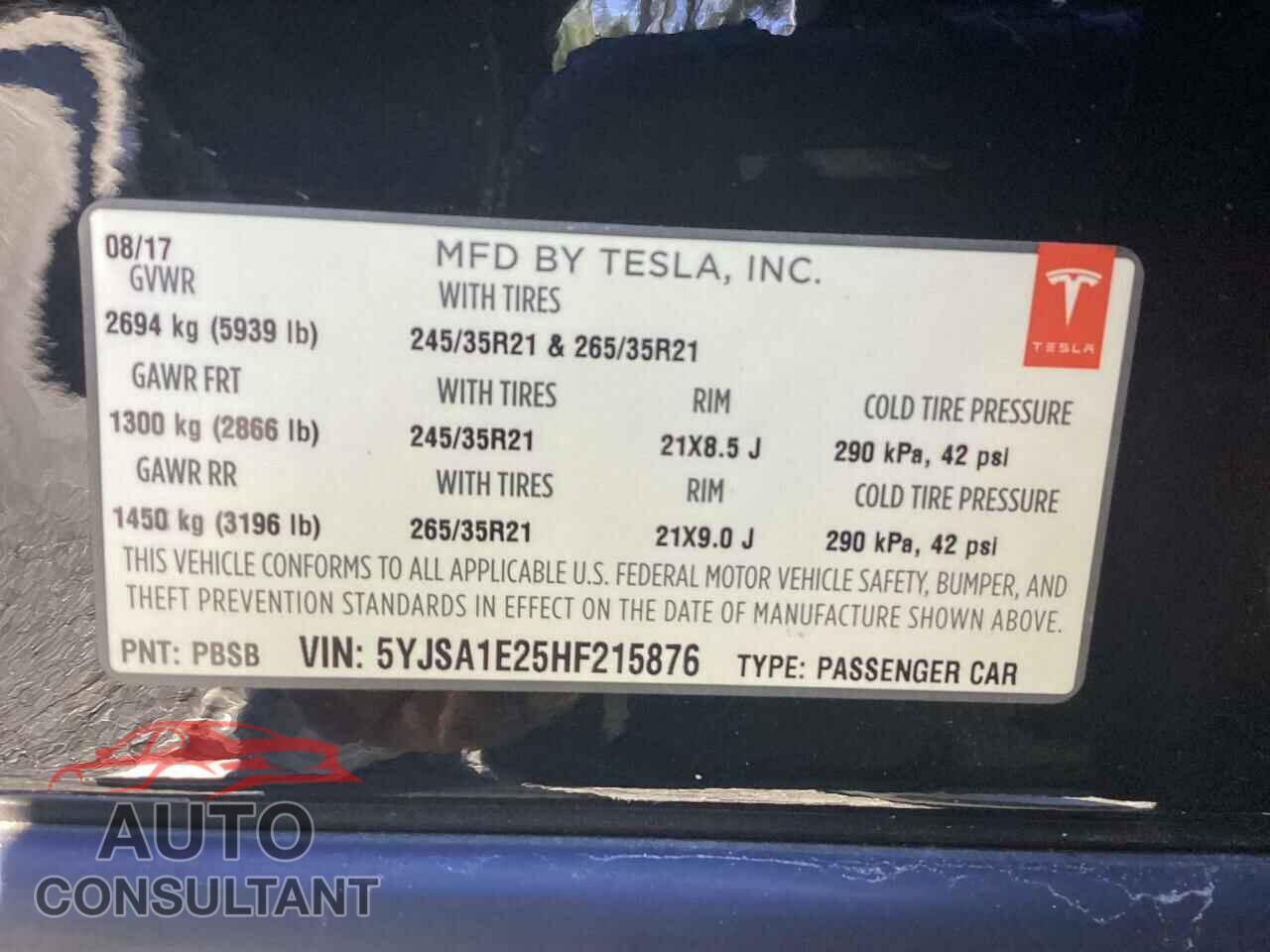 TESLA MODEL S 2017 - 5YJSA1E25HF215876