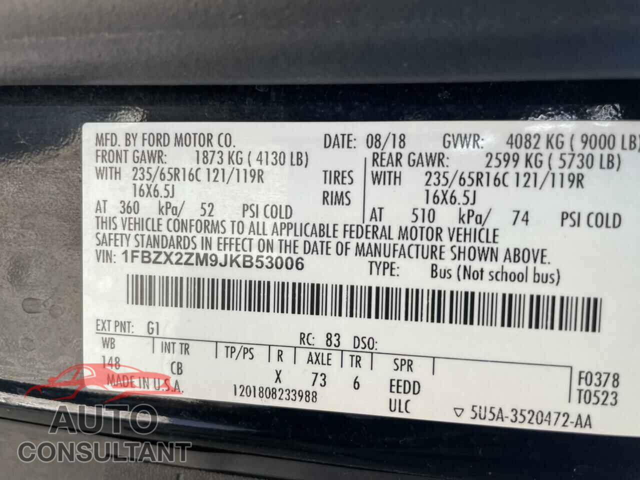 FORD TRANSIT 2018 - 1FBZX2ZM9JKB53006