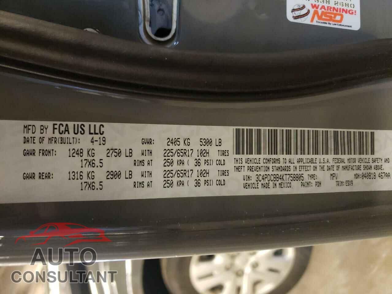 DODGE JOURNEY 2019 - 3C4PDCBB4KT758805