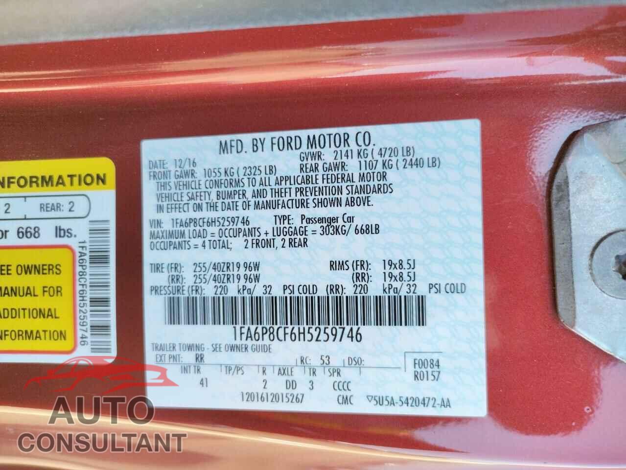 FORD MUSTANG 2017 - 1FA6P8CF6H5259746
