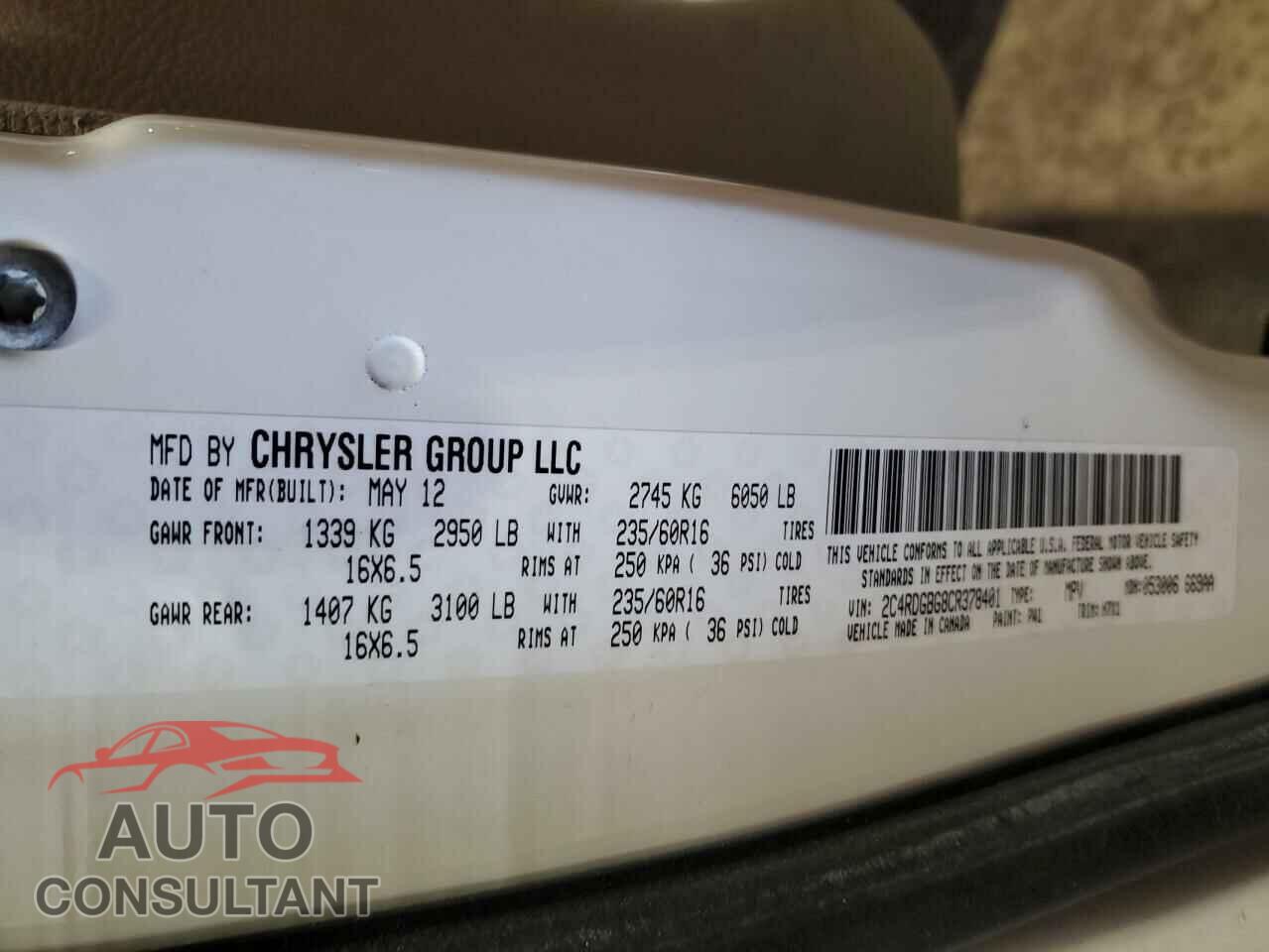 DODGE CARAVAN 2012 - 2C4RDGBG8CR378401