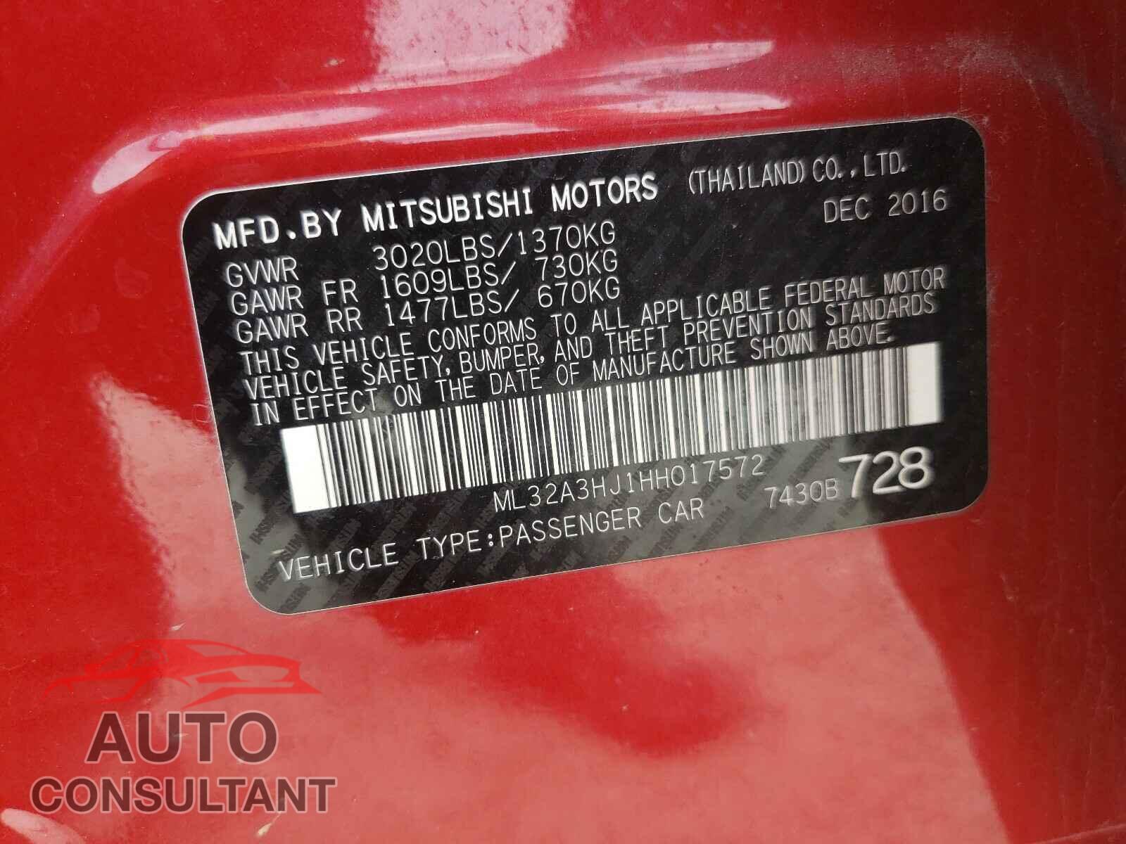 MITSUBISHI MIRAGE 2017 - ML32A3HJ1HH017572