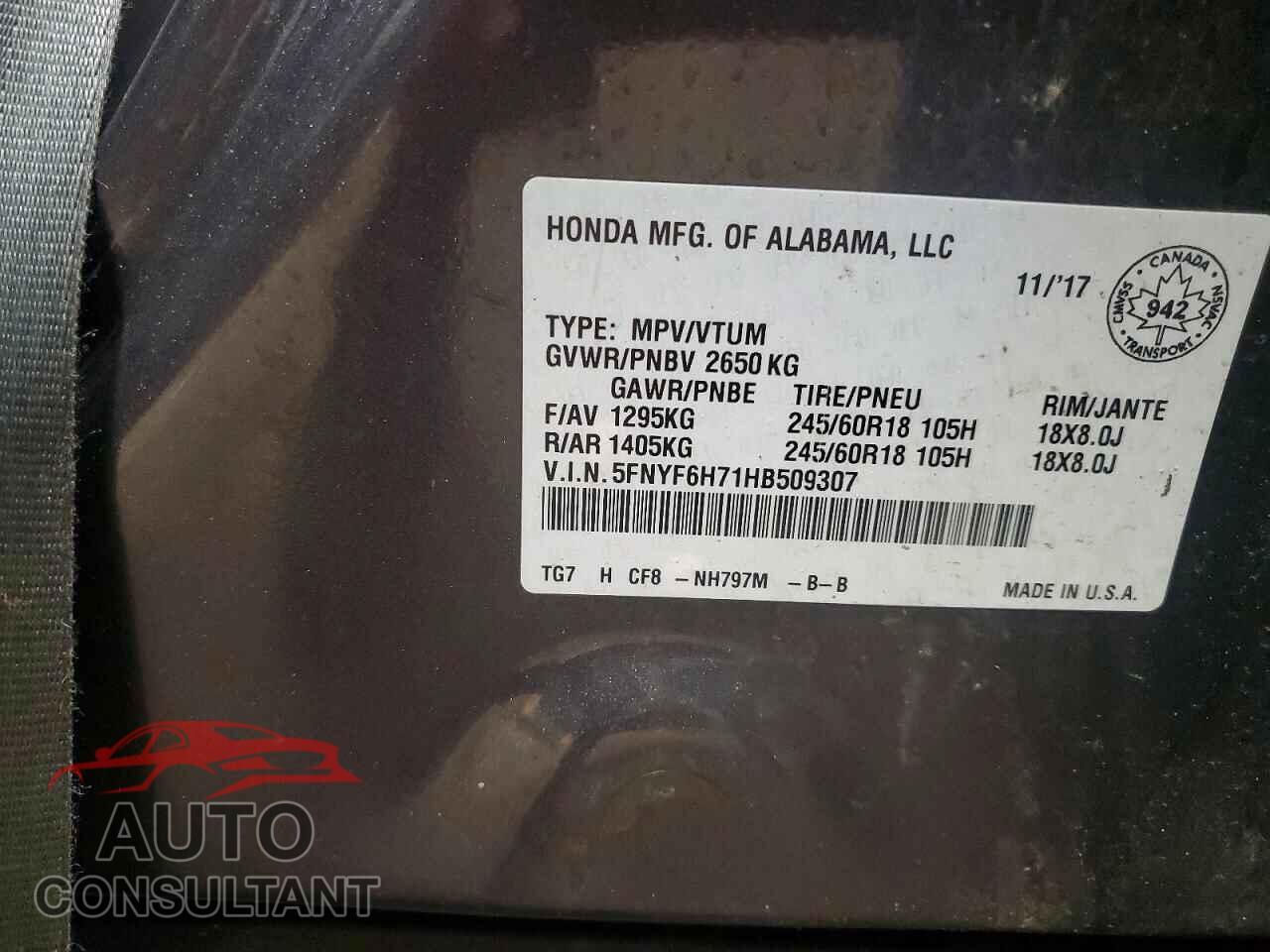 HONDA PILOT 2017 - 5FNYF6H71HB509307