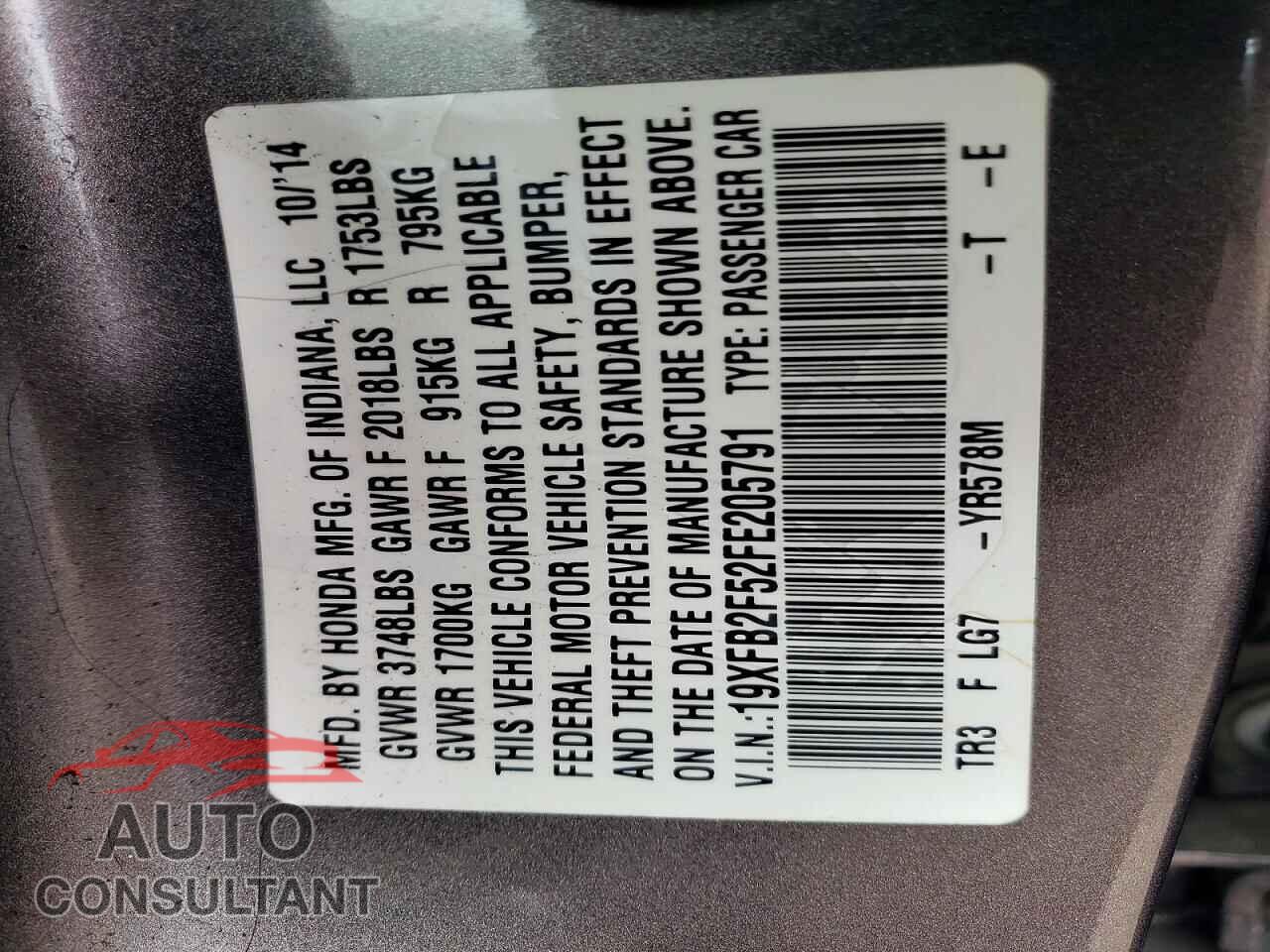 HONDA CIVIC 2015 - 19XFB2F52FE205791