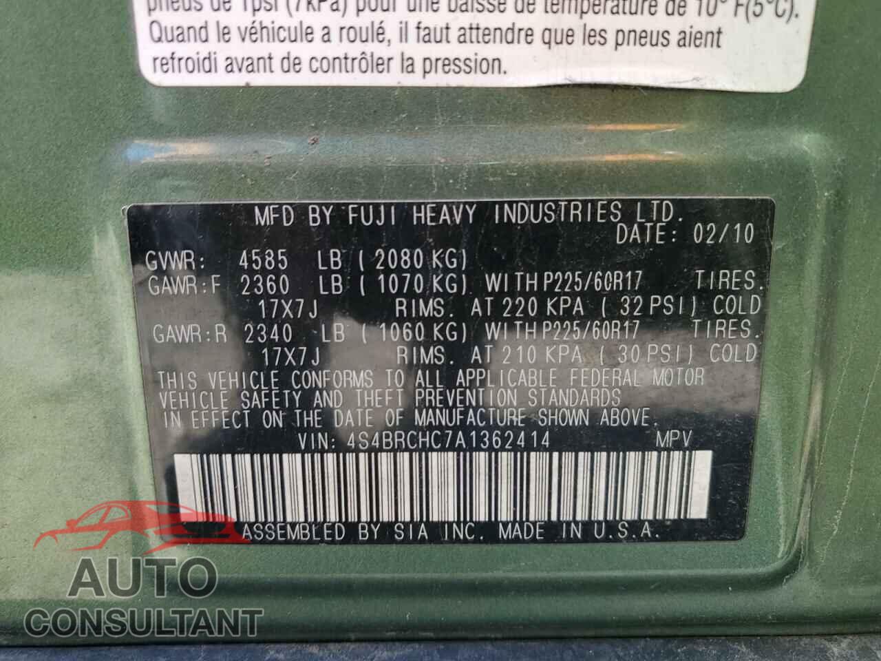 SUBARU OUTBACK 2010 - 4S4BRCHC7A1362414