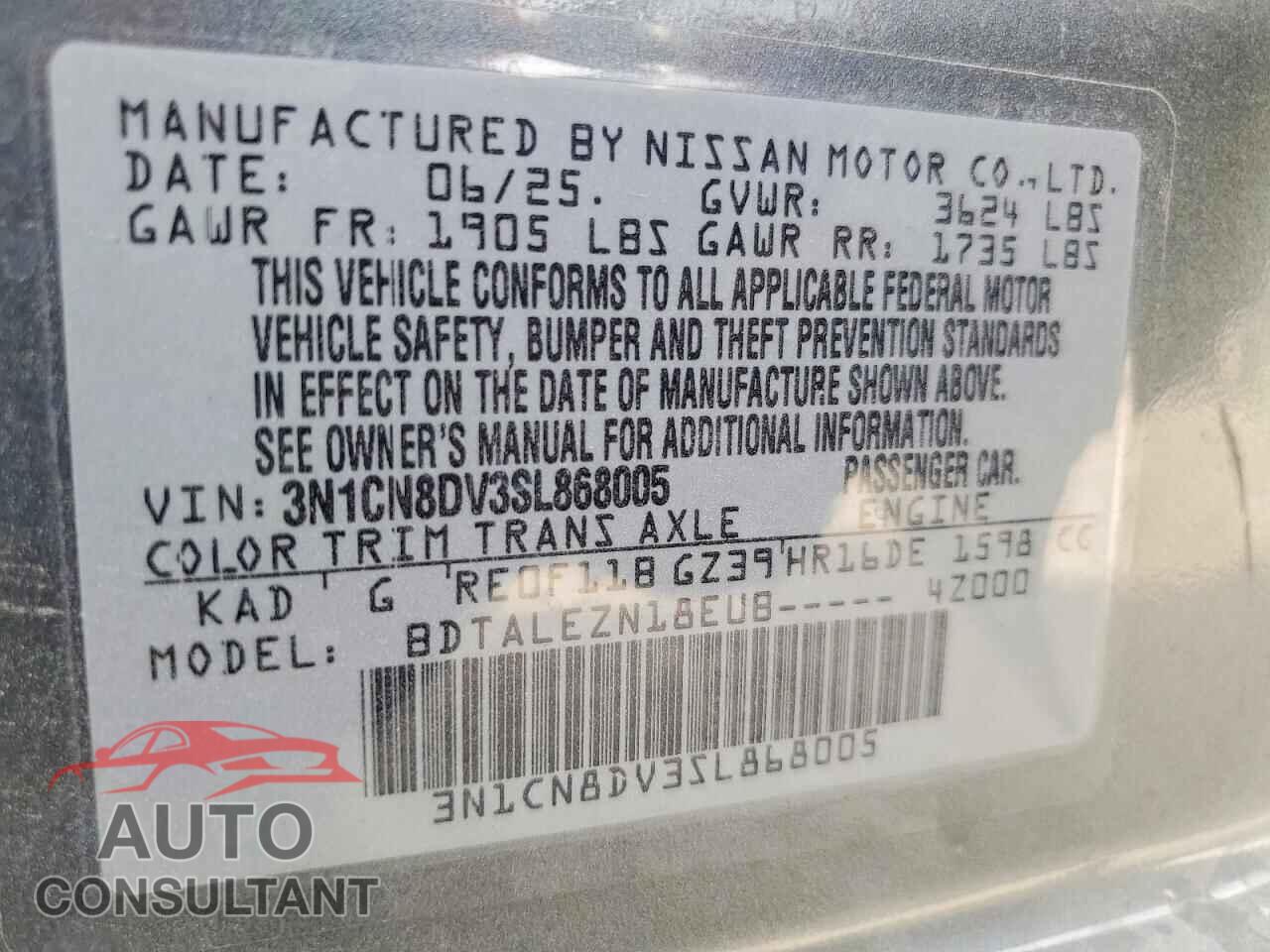 NISSAN VERSA 2025 - 3N1CN8DV3SL868005