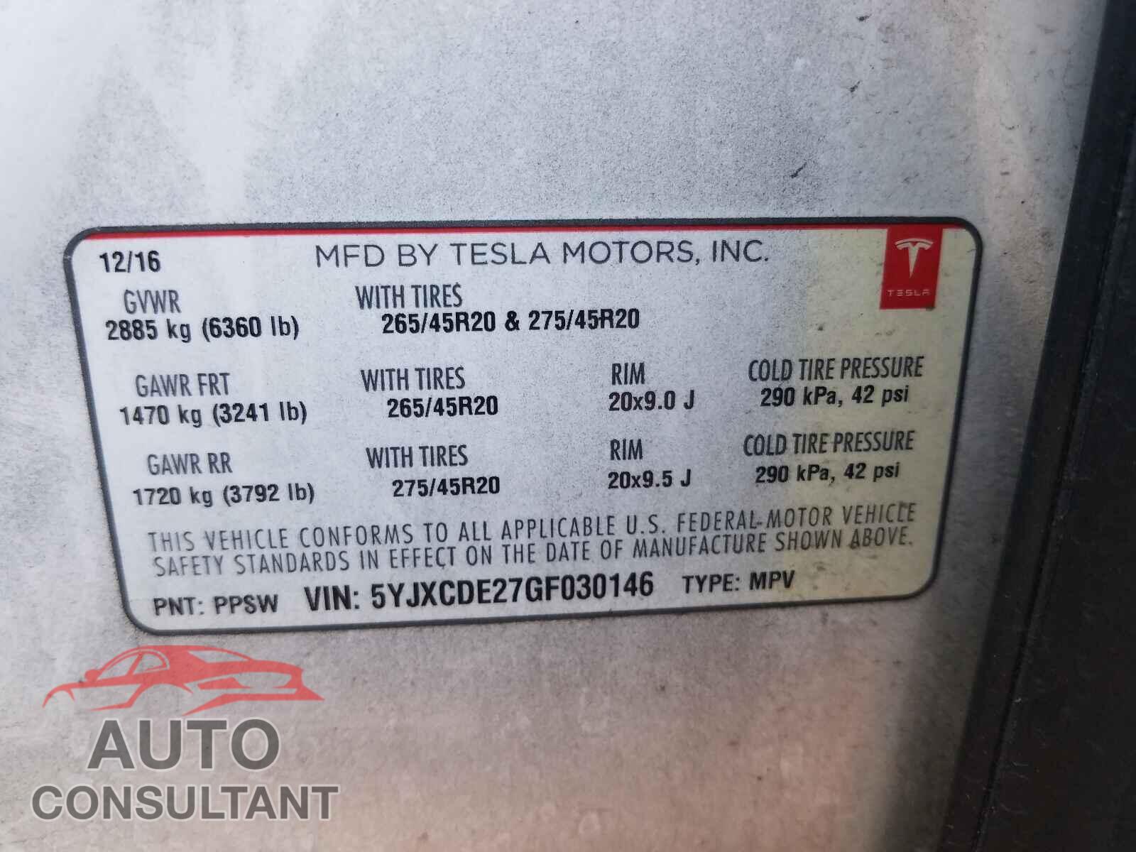 TESLA MODEL X 2016 - 5YJXCDE27GF030146