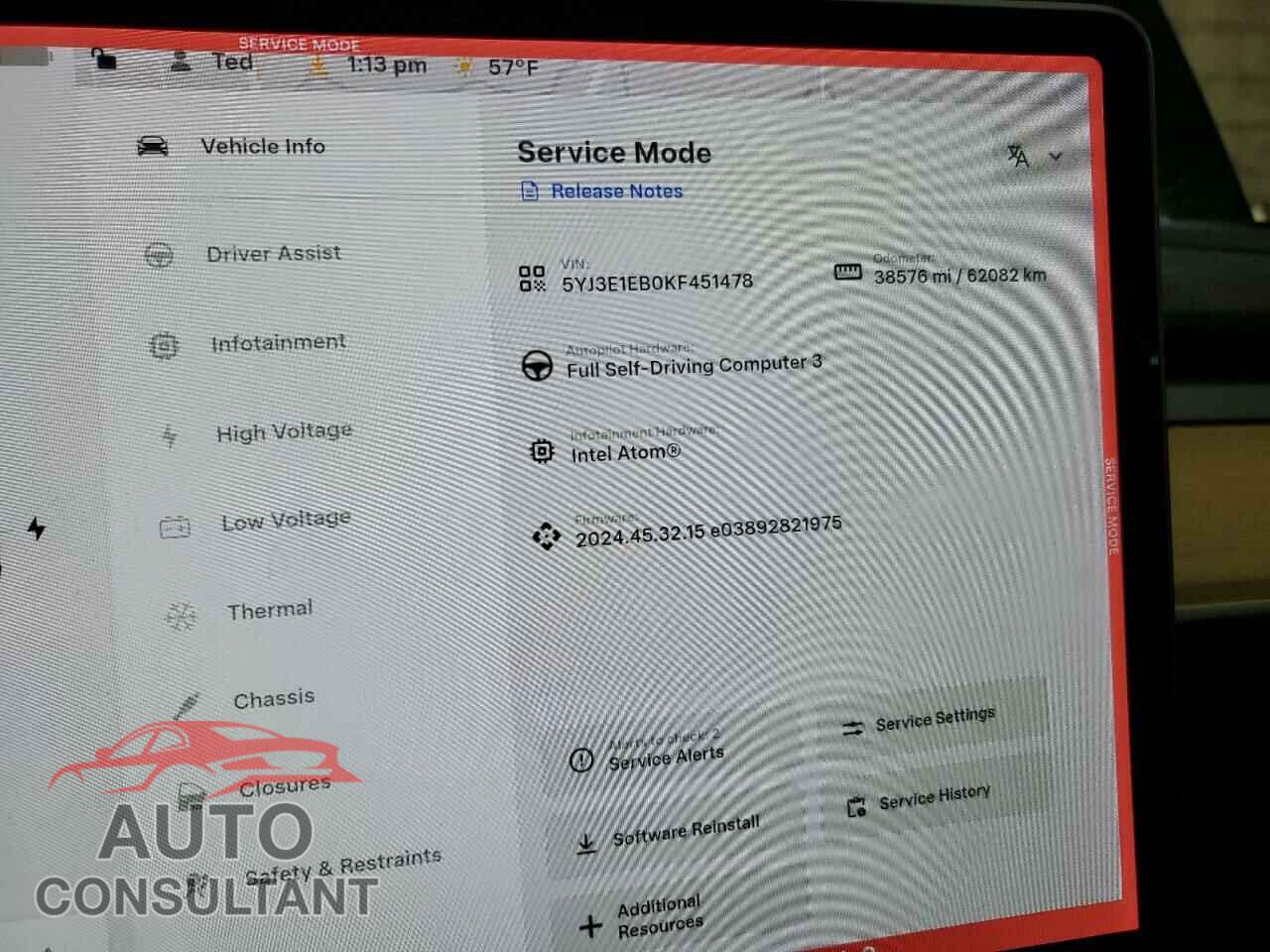 TESLA MODEL 3 2019 - 5YJ3E1EB0KF451478