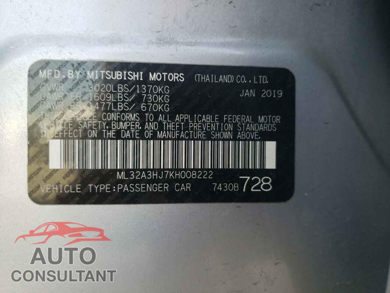 MITSUBISHI MIRAGE 2019 - ML32A3HJ7KH008222