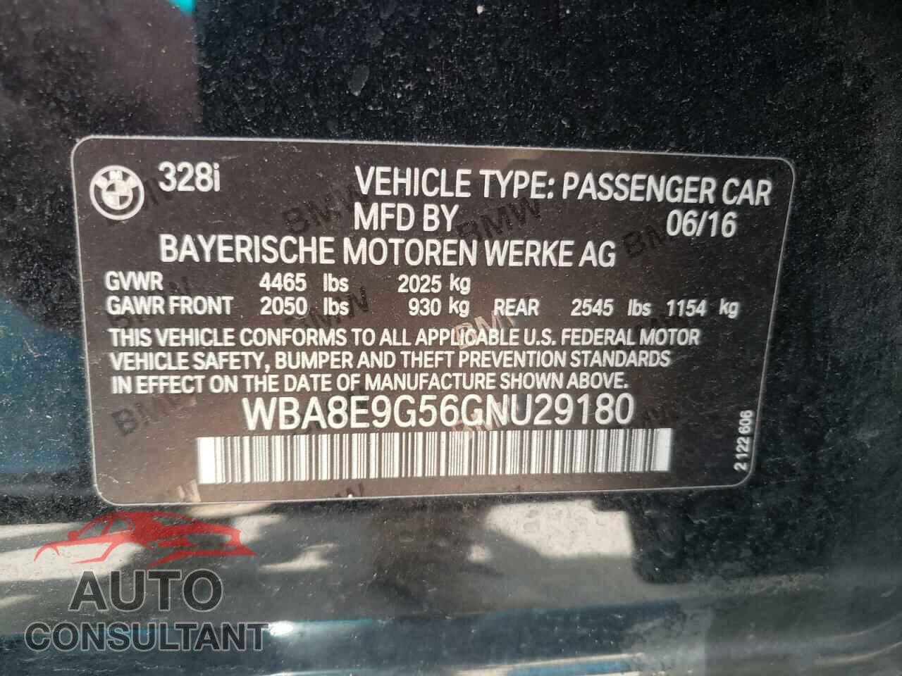 BMW 3 SERIES 2016 - WBA8E9G56GNU29180
