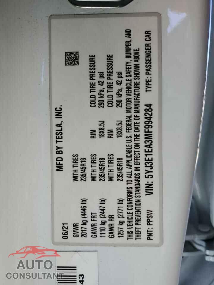 TESLA MODEL 3 2021 - 5YJ3E1EA3MF994284