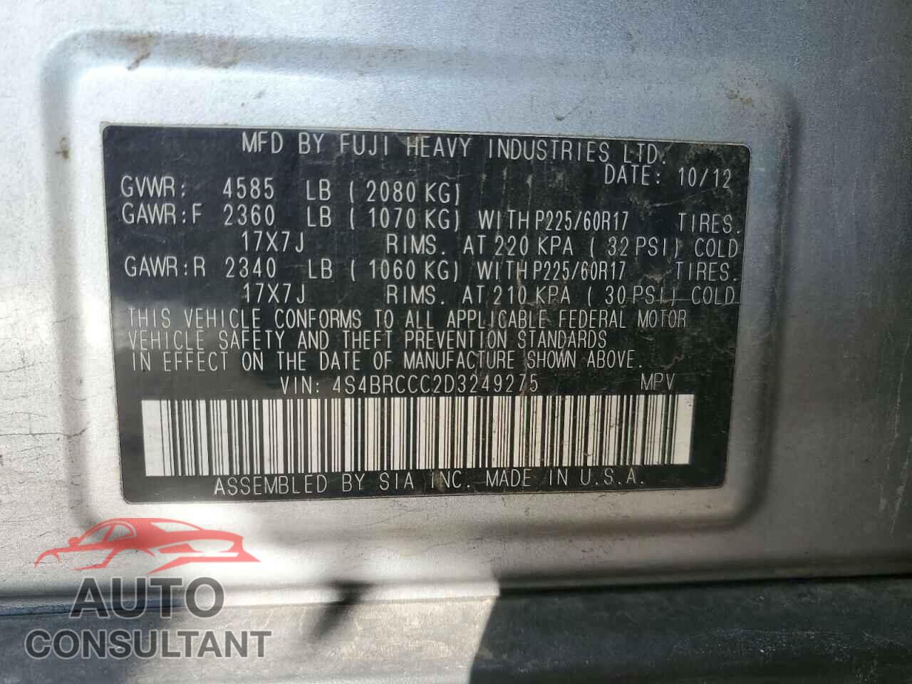 SUBARU OUTBACK 2013 - 4S4BRCCC2D3249275
