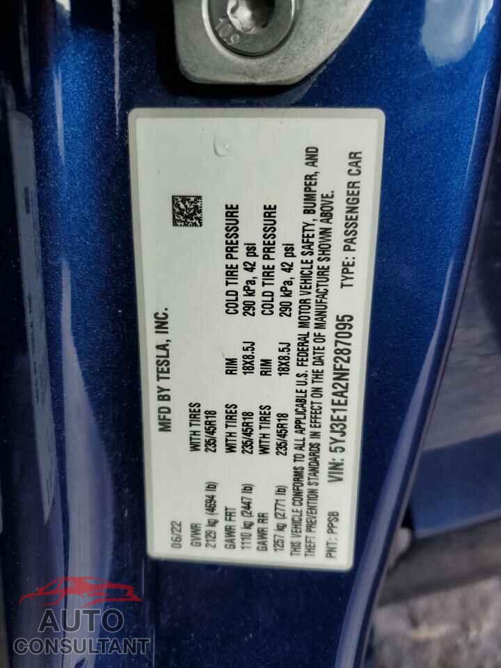 TESLA MODEL 3 2022 - 5YJ3E1EA2NF287095