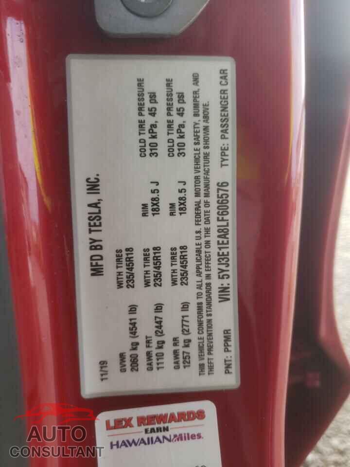 TESLA MODEL 3 2020 - 5YJ3E1EA8LF606576
