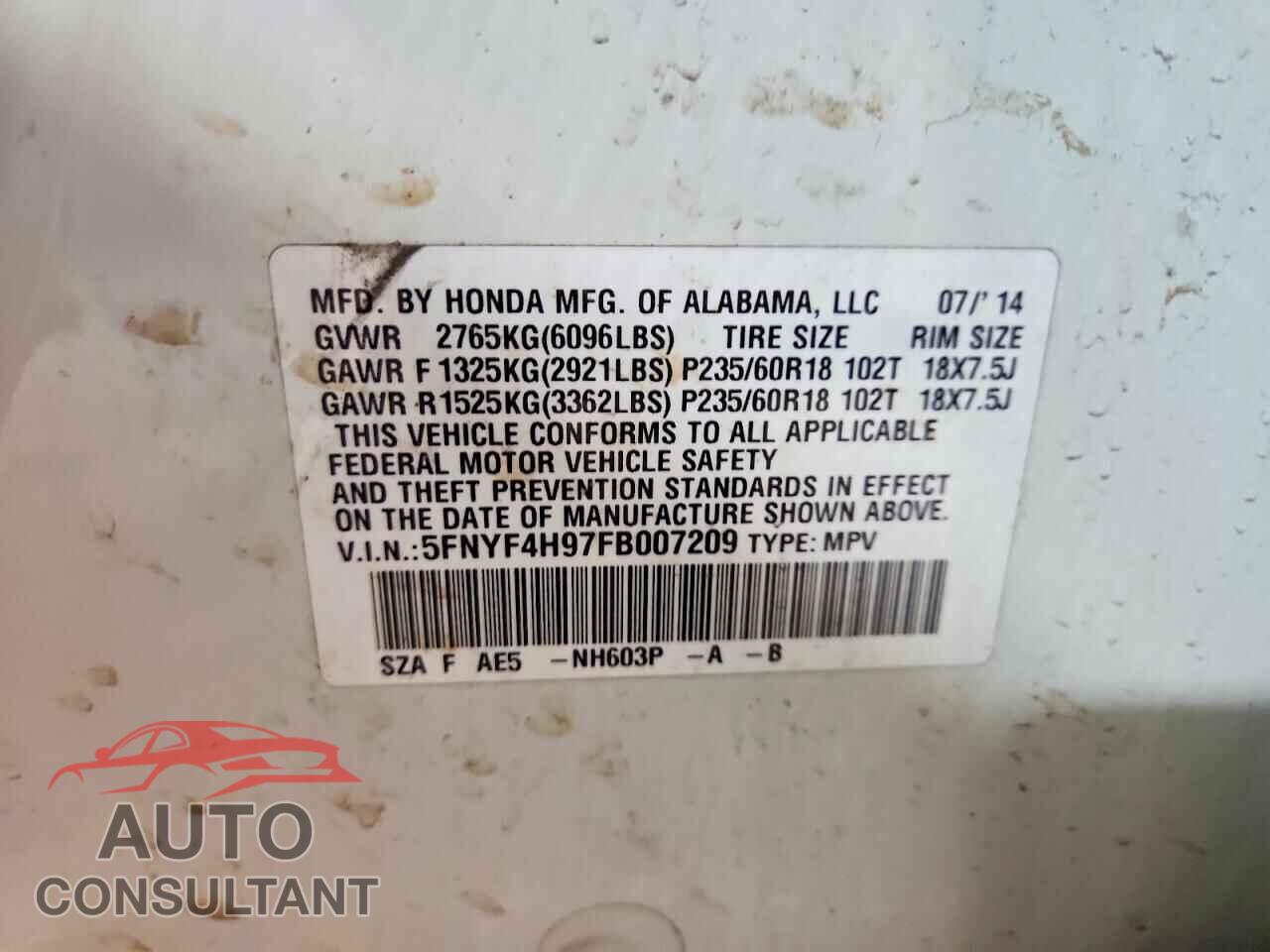 HONDA PILOT 2015 - 5FNYF4H97FB007209