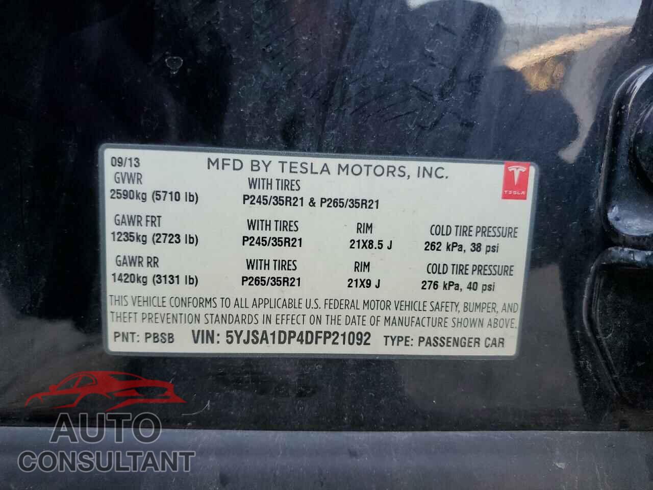 TESLA MODEL S 2013 - 5YJSA1DP4DFP21092