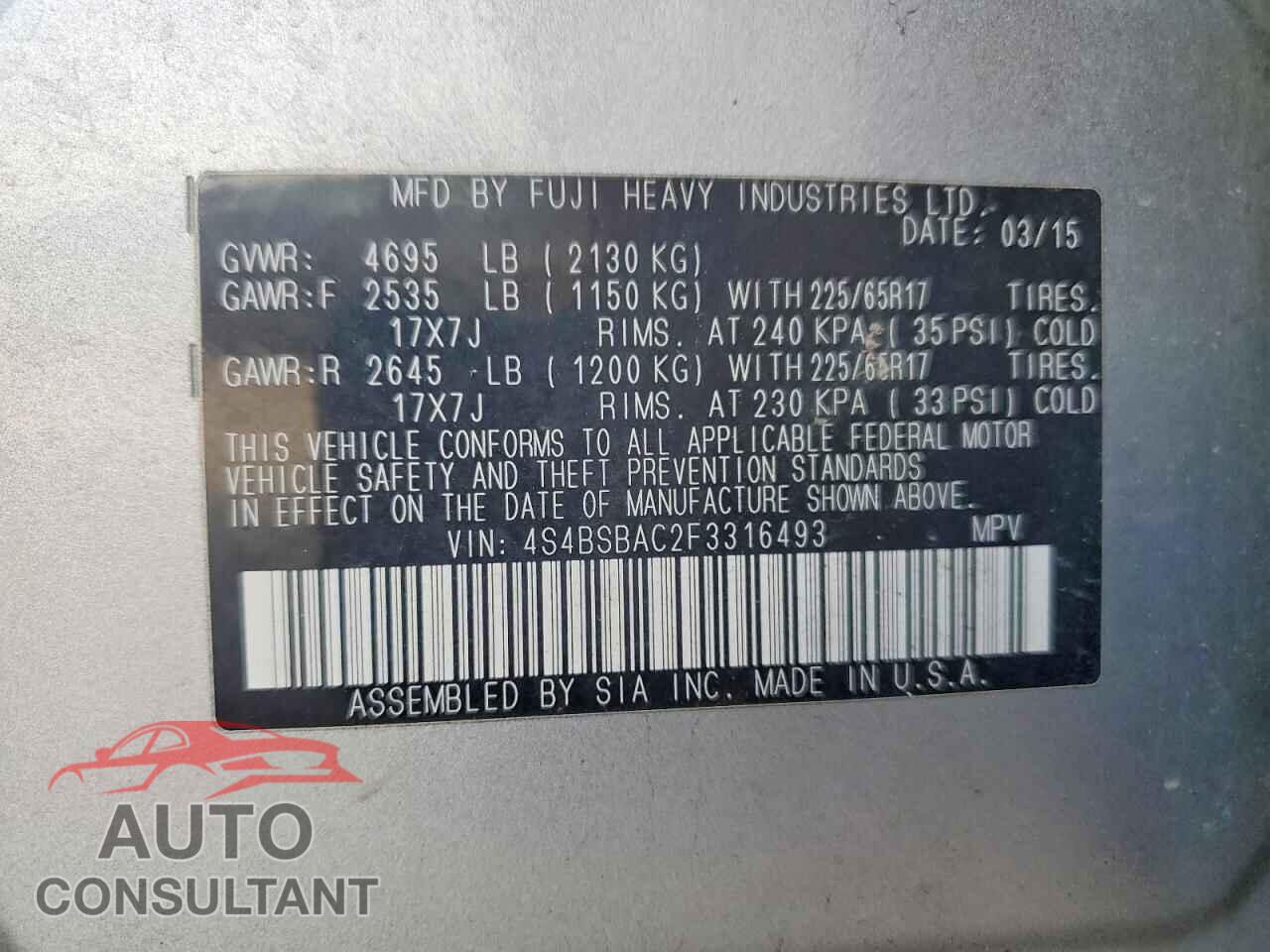 SUBARU OUTBACK 2015 - 4S4BSBAC2F3316493