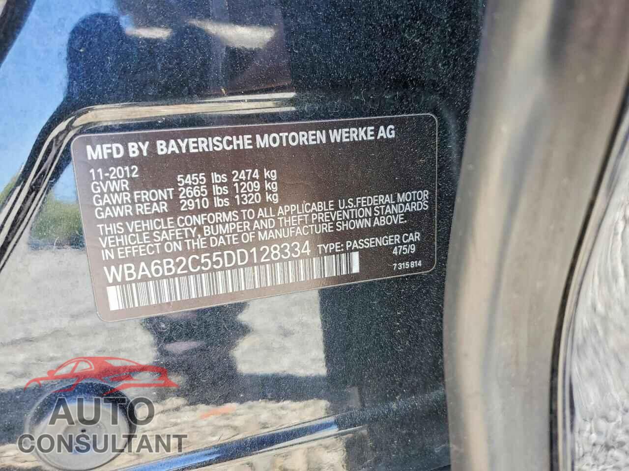 BMW 6 SERIES 2013 - WBA6B2C55DD128334