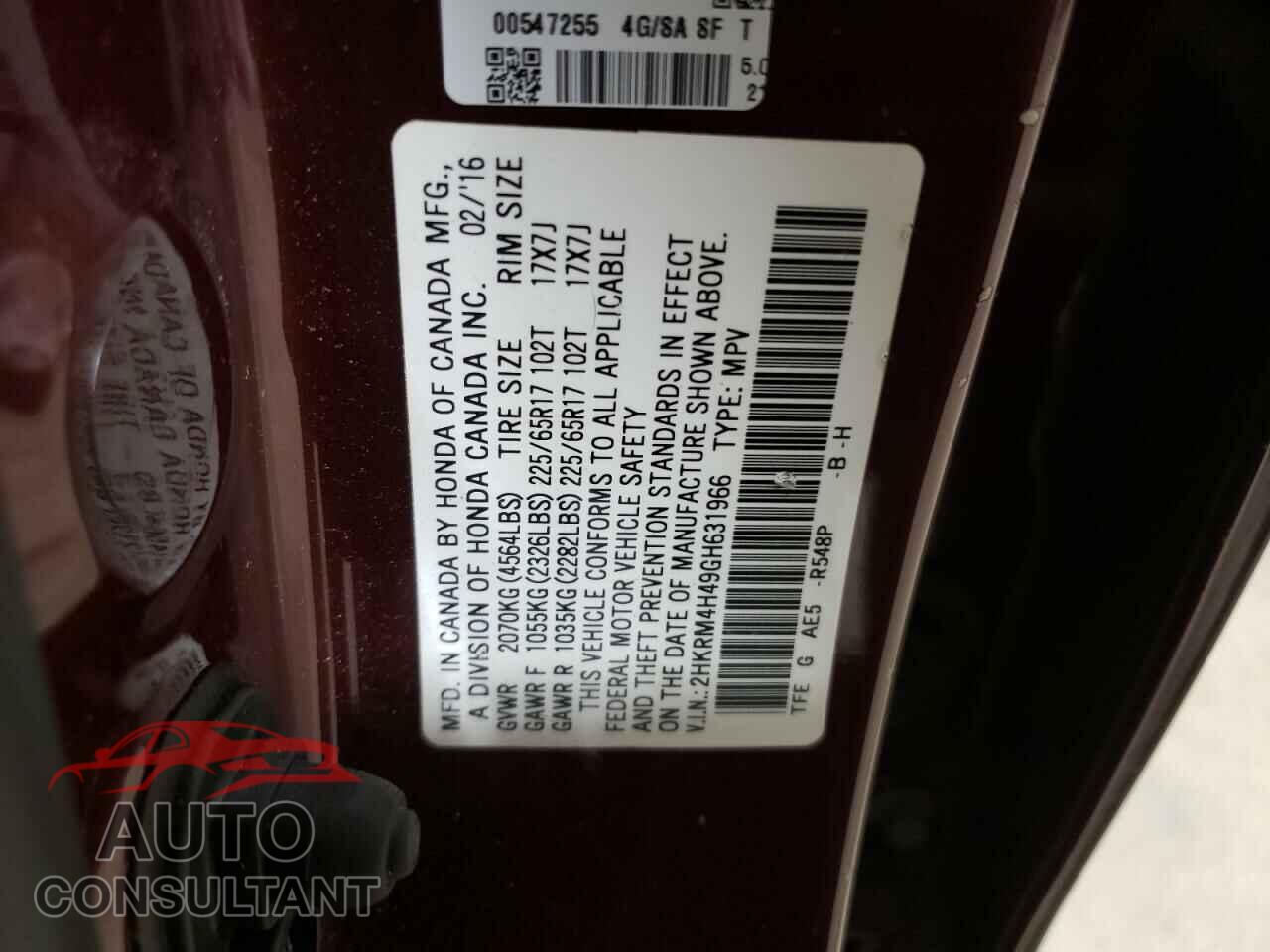 HONDA CRV 2016 - 2HKRM4H49GH631966
