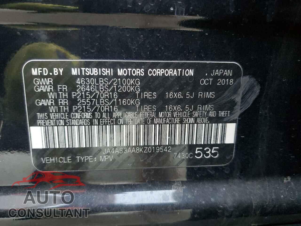 MITSUBISHI ECLIPSE 2019 - JA4AS3AA8KZ019542