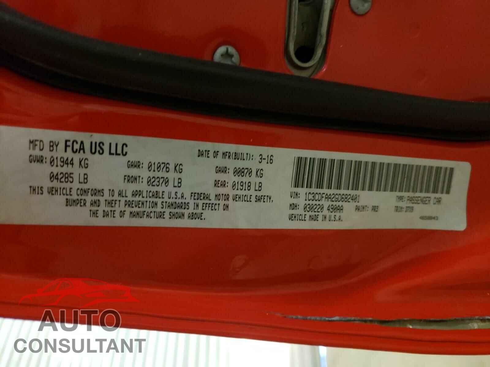 DODGE DART 2016 - 1C3CDFAA2GD682401