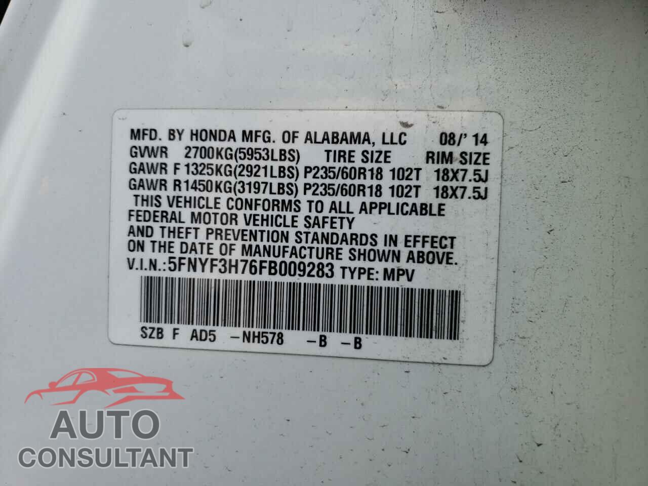 HONDA PILOT 2015 - 5FNYF3H76FB009283