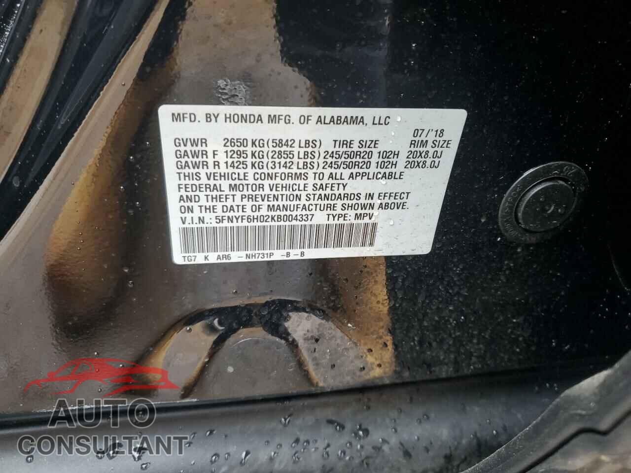 HONDA PILOT 2019 - 5FNYF6H02KB004337