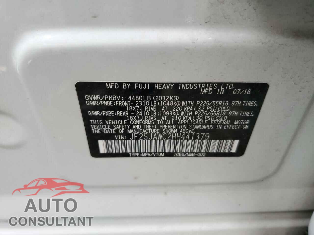 SUBARU FORESTER 2017 - JF2SJAWC2HH441379