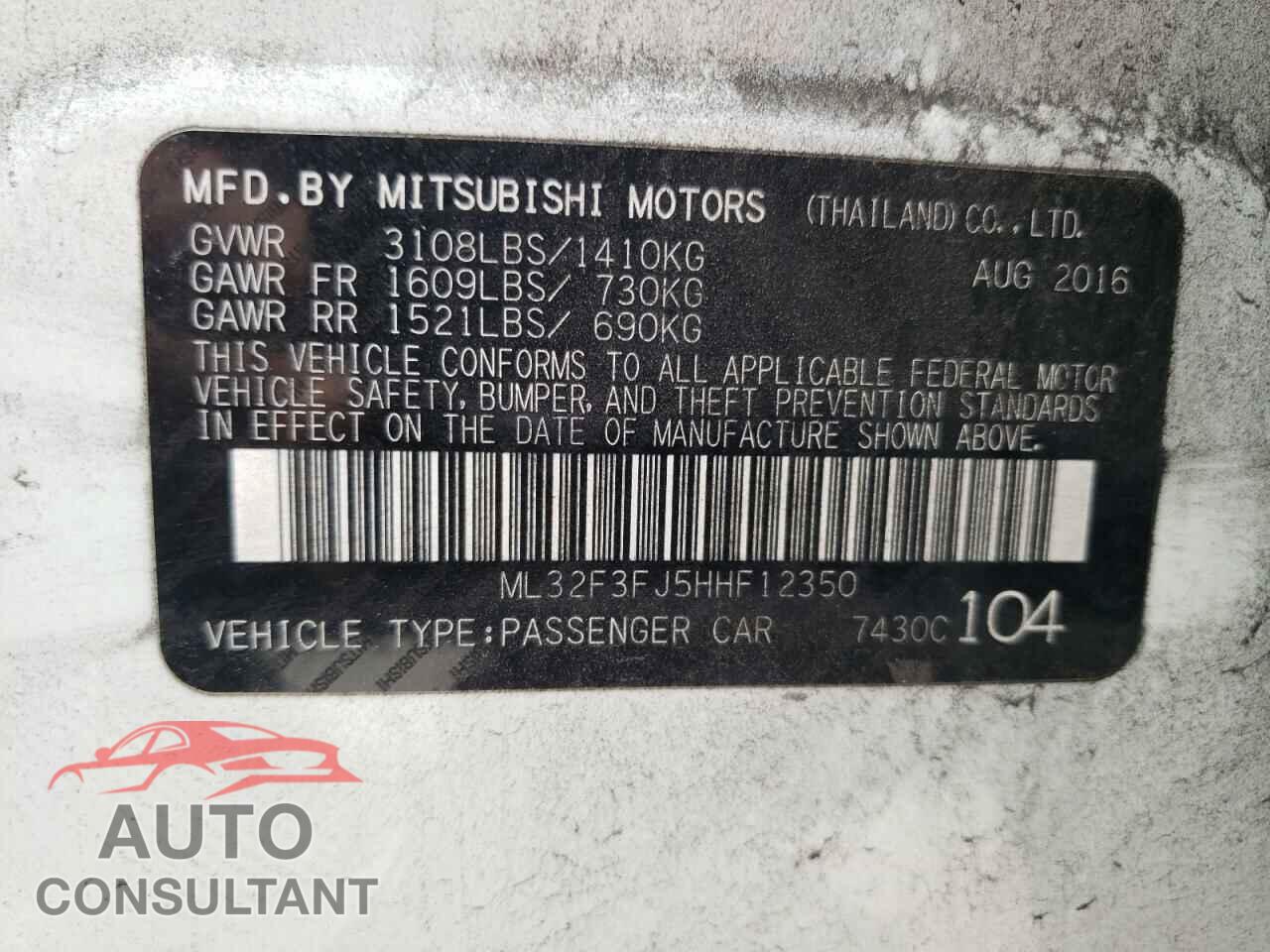 MITSUBISHI MIRAGE 2017 - ML32F3FJ5HHF12350