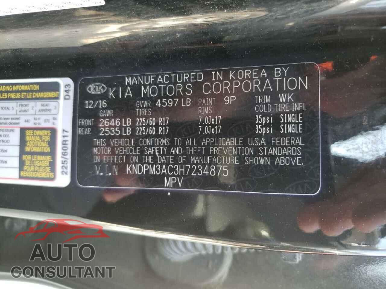 KIA SPORTAGE 2017 - KNDPM3AC3H7234875