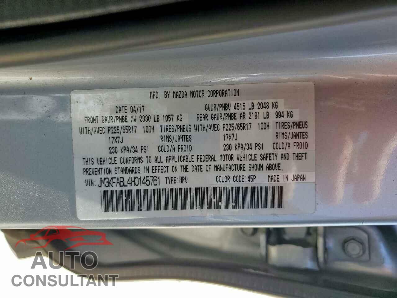 MAZDA CX-5 2017 - JM3KFABL4H0145761